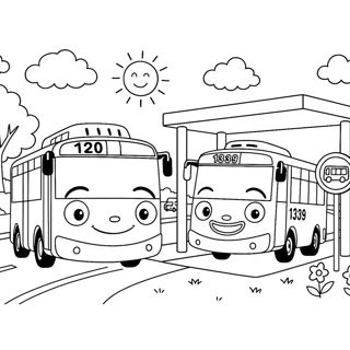 Happy Buses at the Sunlit Bus Stop
