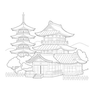 A traditional Japanese temple complex features a multi-tiered main building and a tall pagoda surrounded by trees, fences, and distant mountains.