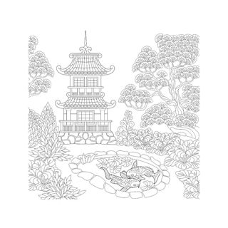 A multi-tiered Japanese pagoda stands within a traditional garden surrounded by pine trees and foliage, with a stone-lined pond containing swimming koi fish in the foreground.