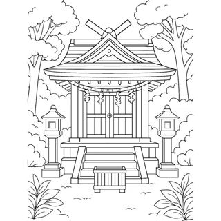 A traditional Japanese Shinto shrine with a sacred shimenawa rope hanging above its entrance stands surrounded by trees, featuring two stone lanterns and an offering box in front of its steps.