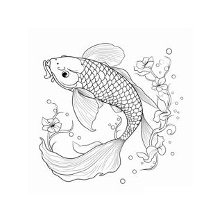 A Japanese koi fish swims gracefully amidst aquatic plants with blooming flowers and small floating water bubbles.