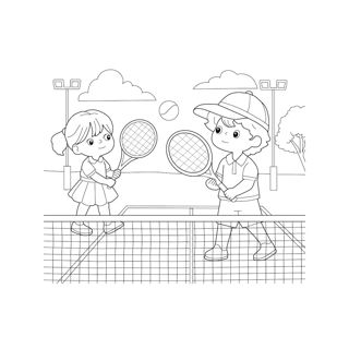A young girl and a boy wearing a cap stand on opposite sides of a net on an outdoor tennis court, holding tennis rackets with a tennis ball in mid-air between them.