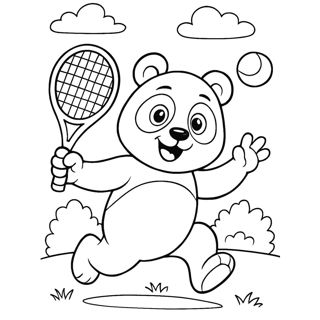 A cheerful panda bear runs across a grassy field holding a tennis racket while a tennis ball flies in the air nearby.