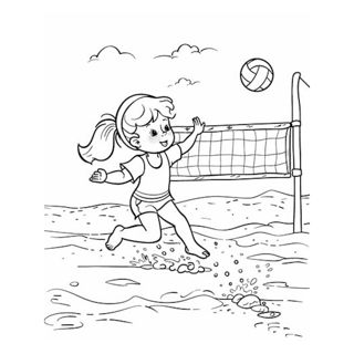 A young girl plays beach volleyball as she runs barefoot across the sand and reaches up to hit a ball floating above the net.